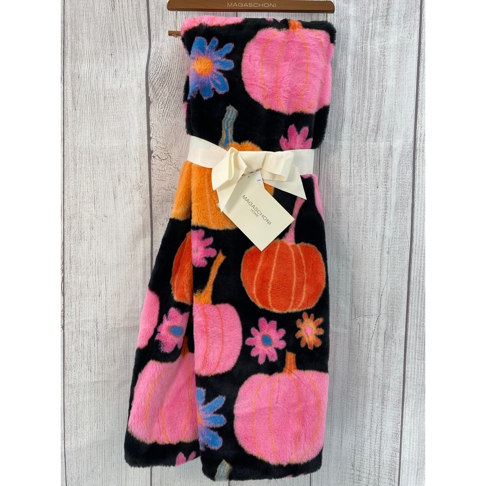 Magaschoni Home Throw Blanket 50x70 Black Pink Orange Pumpkin Floral Faux Fur